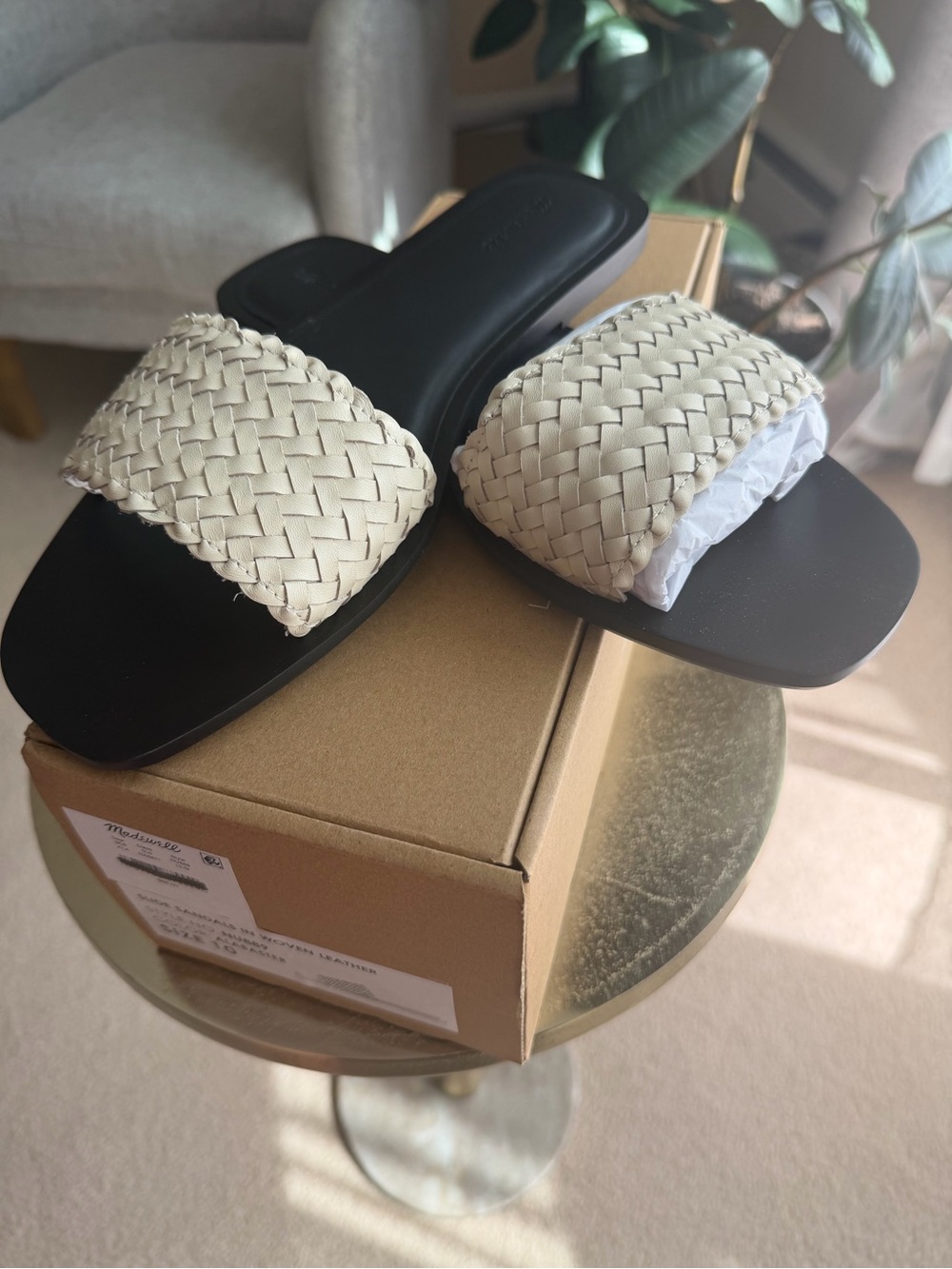 Madewell Alabaster Woven Leather Slide Sandals with Black Footbed